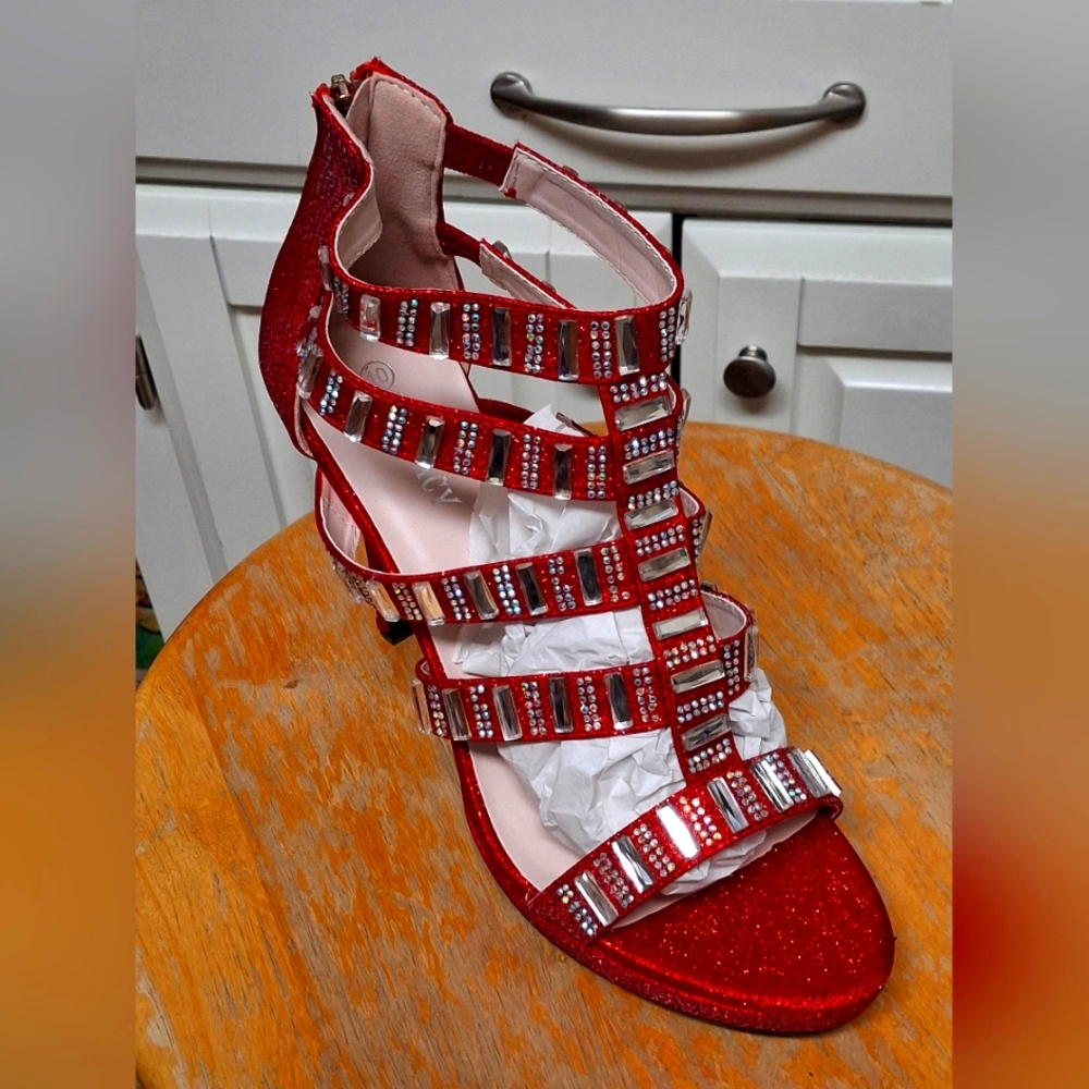 New Women's delicacy Frisky-42 red glitter bling evening shoe